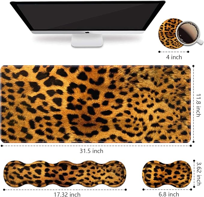 Ergonomic Keyboard Wrist Rest and Mouse Pad Wrist Rest Set, Large XXL Gaming Mousepad 31.5"x 11.8", Memory Foam, Easy Typing Pain Relief, Multifunctional Desk Mat for Office & Home, Leopard Print