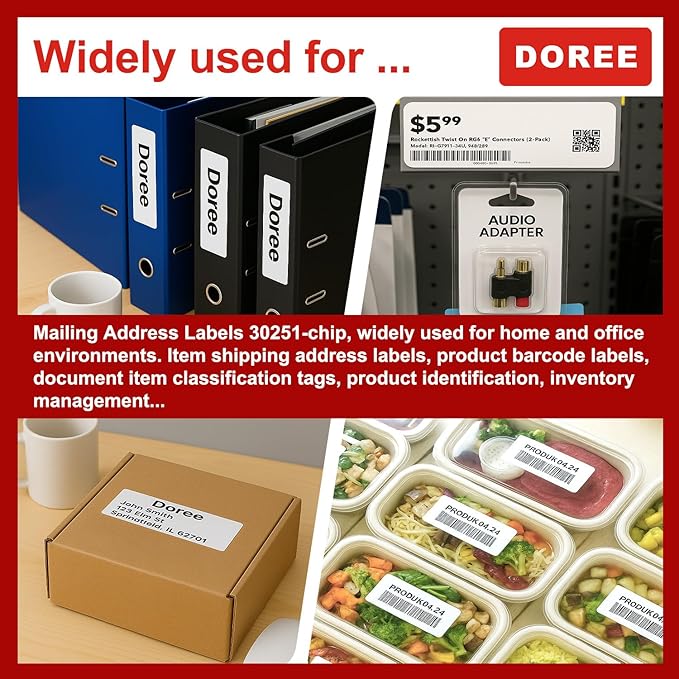 DOREE 2-Roll 1-1/8" x 3-1/2" Mailing Address Labels 30251 with chip,Compatible with LabelWriter 550 5XL 450 4XL Label Printers.(30251-chip LabelWriter Address Labels,White, 2-Rolls Total 260)