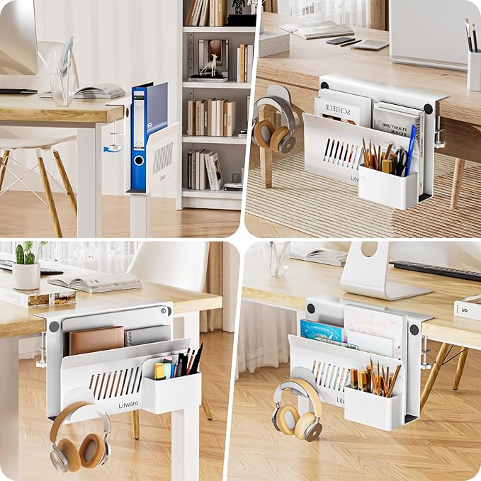 Litwaro Desk Side Storage Organizer, Under Desk Laptop Holder No Drill, Laptop Mount with Magnetic Pen Holder, Hanging Desk Organizer Fits Flat Edge Desks 0.4" to 2.1" (White)