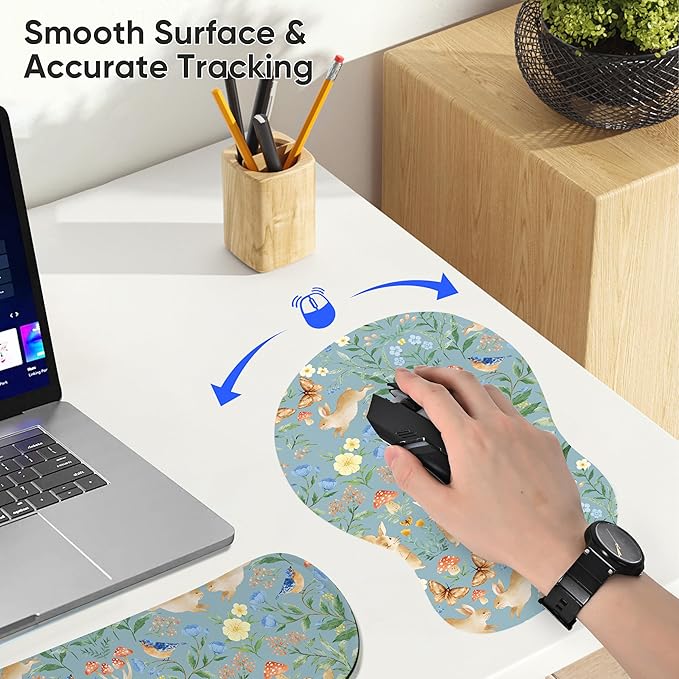 Mouse Pad Wrist Rest Support Keyboard Set Circle Coaster Gaming Mouse Pad Ergonomic Gel Memory Foam Set for Computer, Laptop, Office, Pain Relief, Comfortably Typing Rabbit KM-40