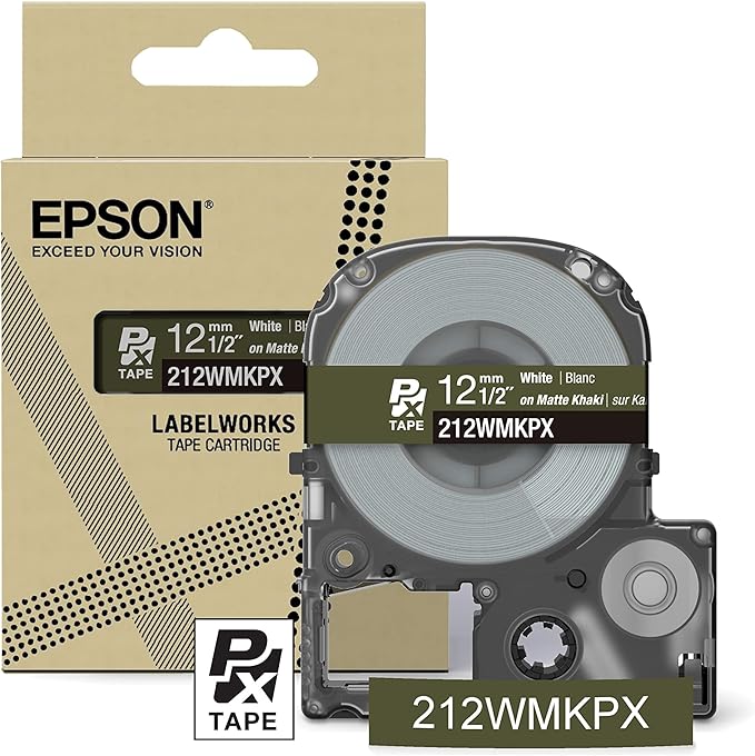Epson LABELWORKS 212WMKPX Genuine PET (Polyester) Tape Cartridge - White on Matte Khaki Designer Craft Label Maker Tape - 1/2" (12MM) Wide, 26'