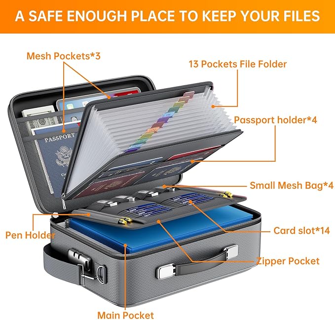 DocSafe Fireproof Document Box with Lock＆Shoulder Strap,Hard Case File Organizer with Accordion File Folder,Multi-Layer Portable Home Office Travel Safe Storage for Important Documents Laptop Gray