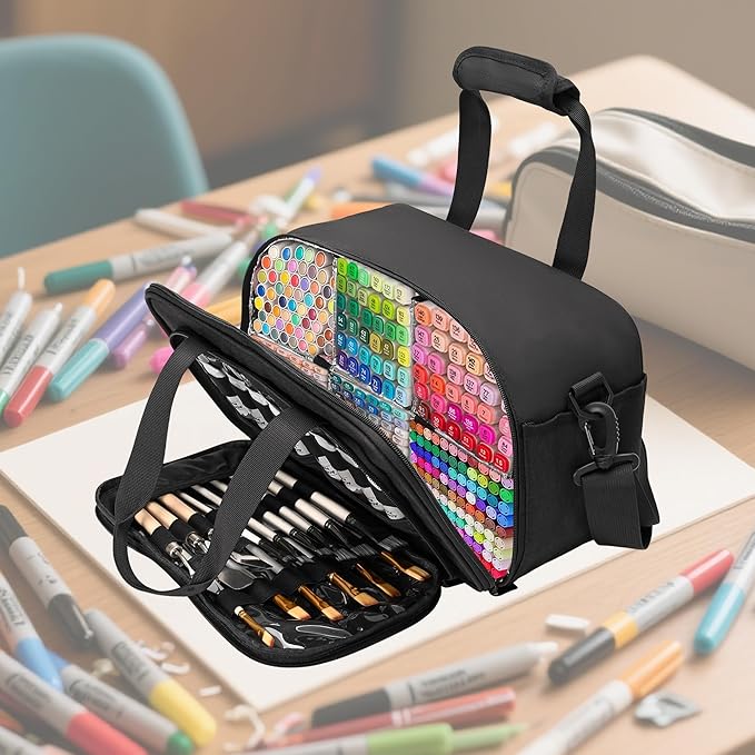 Marker Organizer Case with Shoulder Strap for 180-300 Markers, Large Marker Organizer Bag with Detachable Divider for Adults, Marker Travel Holder Case Bag for Various Markers, Black