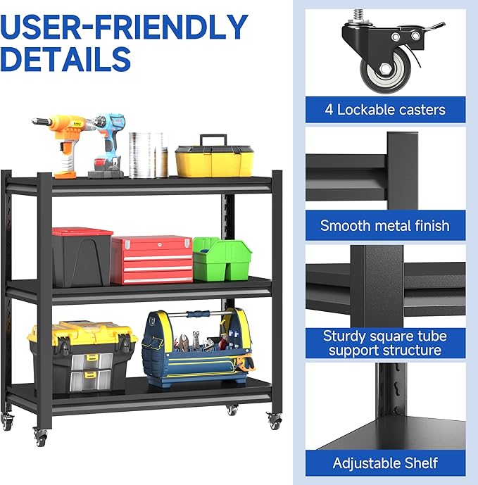 3 Tier Adjustable Garage Storage Shelving,Heavy Duty Utility Rack Shelf Unit on 4 Wheel Casters,Standing shelves for Garage, Home, Pantry,Kitchen,Warehouse,Bathroom & Laundry,Storage Rack - Black