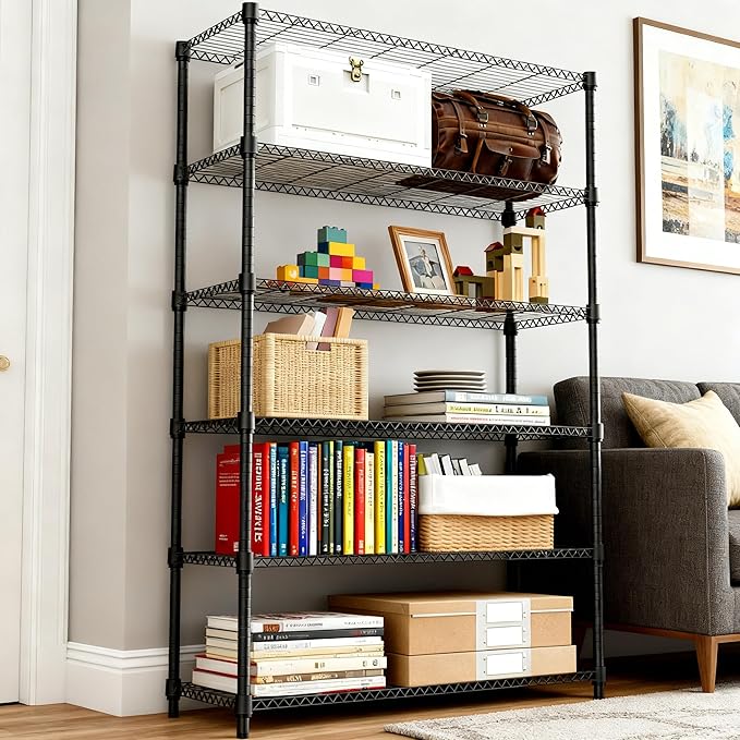 6 Tiers Shelf 2100 lbs Steel Storage Shelving Utility Shelving Unit Steel Organizer Wire Rack for Home,Kitchen,Office,Garage Black 17.7" D x 47.2" W x 82.4" H