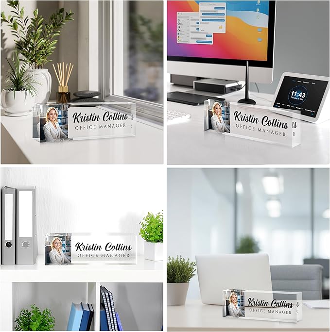 Custom Name Plate for Desk, Personalized Desk Name Plate on Clear Acrylic Glass, Appreciation Gifts for Teacher Employee Boss Coworkers Nurse, Office Desk Accessories for Women Men (Picture)