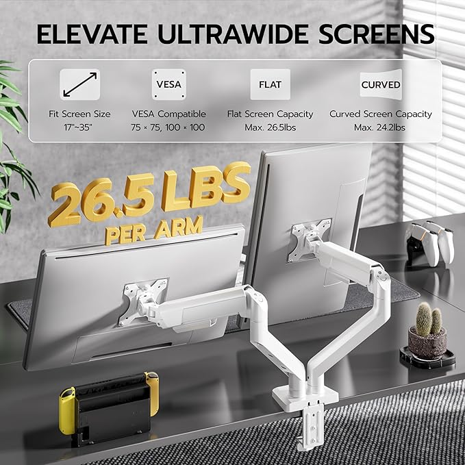ARES WING Dual Monitor Mount, Heavy Duty Monitor Arms for 2 Monitors for 17-35 Inch, Fully Adjustable Monitor Desk Stand with USB A/C for Ultrawide Screen, VESA 75x75 or 100x100mm, White