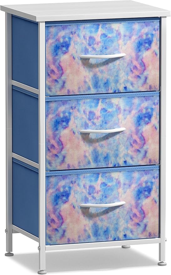Sorbus Nightstand with 3 Drawers - Bedside Furniture & Accent End Table Chest for Home, Bedroom, Office, College Dorm, Steel Frame, Wood Top, Easy Pull Fabric Bins (3-Drawer, Pastel Tie-dye)