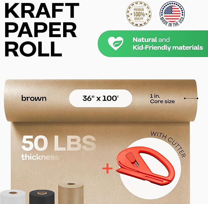 Brown Kraft Paper Roll 36" x 1200" (100 feet) with Cutter - USA-Made Quality Paper 50lb Thickness for Wrapping, Packing, Moving, Shipping, & Crafts/Arts - Natural Kraft Material by IDL Packaging