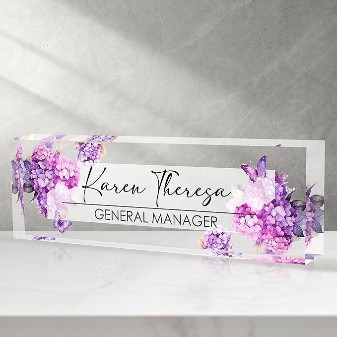 Custom Office Name Plate, Personalized Gifts for Women & Men, Appreciation Gifts for Employees, Boss, Teacher - Office Desk Accessory (Purple Hydrangea Flower)