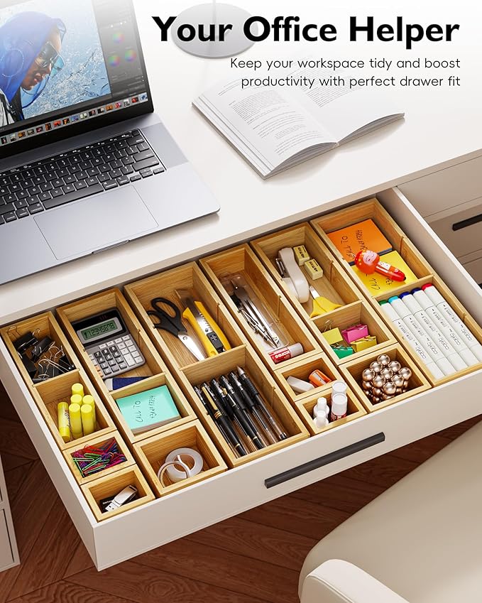 12-Piece Bamboo Desk Drawer Organizer Tray – Adjustable Storage Boxes with 24 Adjustable Compartments for Office Drawer, Jewelry, Vanity & Desk Accessories