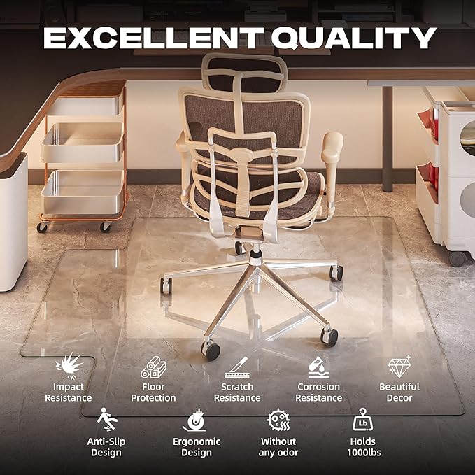 [Tempered Glass] 55“x48” Irregular Glass Chair Mat with Polished Edge Clear Office Chair Mat, Glides Smoothly, Suitable for Carpet or Hardwood Floors