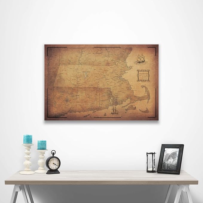 Conquest Maps Push Pin Massachusetts Map Board - With Push Pins to Mark Massachusetts Travels - Handmade in Ohio, USA - Design: Golden Aged