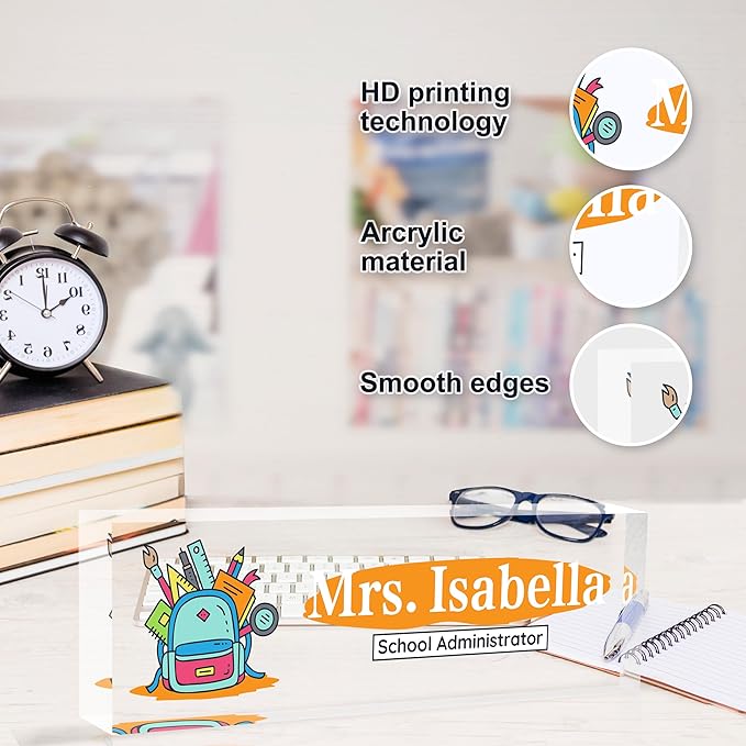 Custom Desk Name Plate Personalized, Acrylic Name Plates for Desk, Office Decor Personalized Gifts for Teacher Coworkers Boss Nurse The Bookbag Explosion