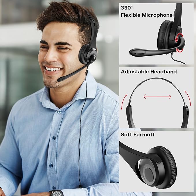 Voistek USB Headset with Microphone, Wired Computer Headset for Laptop/PC with Noise Cancelling Mic, Mono Headphones with in-Line Volume Control for Work, Office, Teams, Zoom, Skype, Online Class