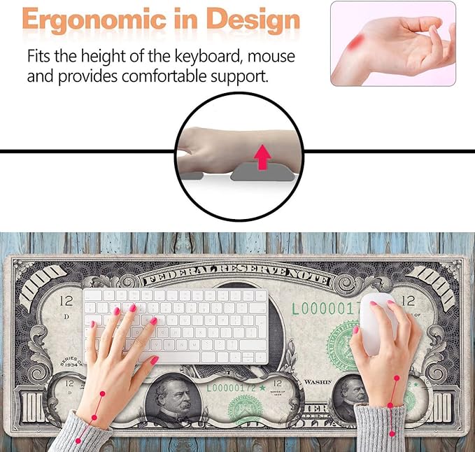 Ergonomic Keyboard Wrist Rest and Mouse Pad Wrist Rest Set, Large XXL Gaming Mousepad 31.5"x 11.8", Memory Foam, Easy Typing Pain Relief, Multifunctional Desk Mat for Office & Home, 1000 Dollar Bill