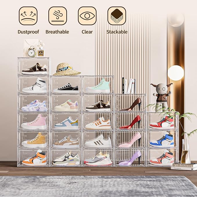 8 Pack XX Large Shoe Organizer, Heavy-Duty Hard Thicken Plastic Clear Stackable Shoe Storage Box Organizer for Closet, Space-Saving Shoe Rack Display Case Bin Containers for Sneakers, Clear