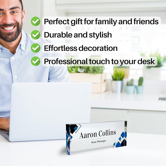 Customized Clear Acrylic Thick 8x3" Desk Name Plate Block with Personalized Logo - Professional Office Decor - Customized Acrylic Plate Gift for Teacher Co-workers, Christmas Gifts for Her, Thanksgiving Gifts (Elegant Squares)