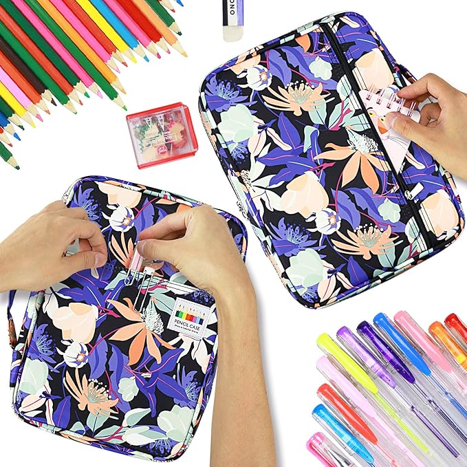 YOUSHARES Colored Pencil Case 220 Slots Pen Case Organizer With Handy Wrap & Zipper, Multilayer Holder for Prismacolor Colored Pencils & Gel Pen (Flower)