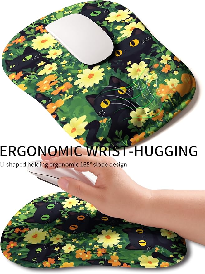 Hokafenle Ergonomic Wrist-Hugging Mouse Pad Wrist Support, U-Shaped Holding Wrist Rest Mousepad for Carpal Tunnel Pain Relief with Cushioned Memory Foam Slope Massage Bulge(10.2x8.3 in,Big Eyed Cat)