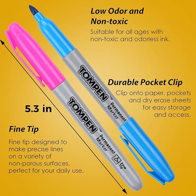 TOMPEN Permanent Markers Fine Tip 200 Pack Bulk,20 Assorted Colors,Waterproof Permanent Marker with Quick Drying on Valentine's Day card,Wood,Plastic,Paper,Metal,Mirror for Office School Classroom