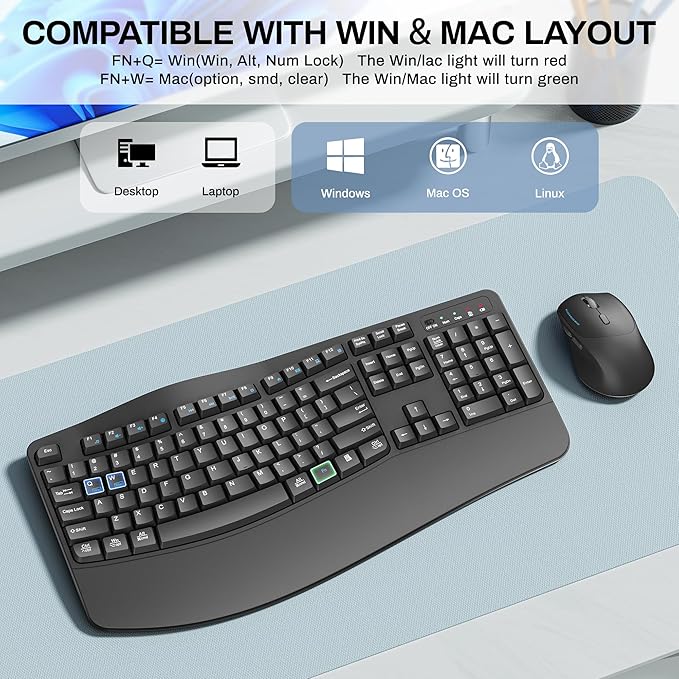 Wireless Keyboard and Mouse Combo,2.4G Full Size Wave Keys Ergonomic Keyboard with Wrist Rest for Natural Typing, 3 DPI Adjustable Ergonomic Silent Mouse for Computer/Laptop/Windows/Mac (Gray)