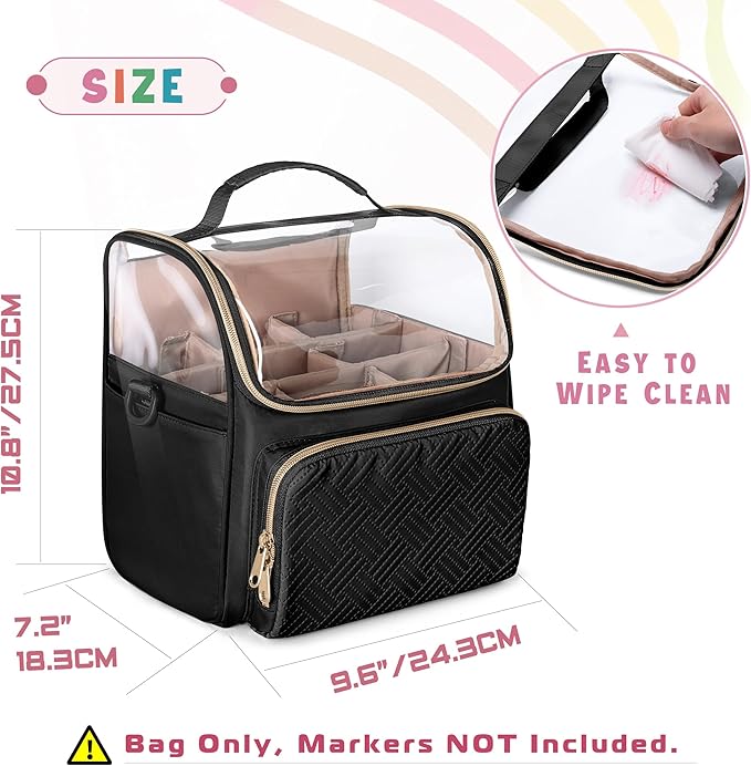 Large Marker Organizer Case for 180 Markers, Marker Storage Bag with Dividers and 4 Pockets for Paint Markers, Paint Brushes, Colored Pencils or Other Art Supplies, Black (Patented Design)