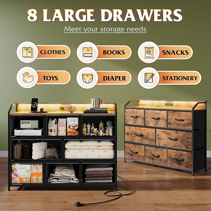 WLIVE Led Dresser for Bedroom, TV Stand for Bedroom with LED Lights and Power Outlet, Wide Chest of Drawers for Hallway, 8 Fabric Drawers for Living Room and Entryway, Rustic Brown