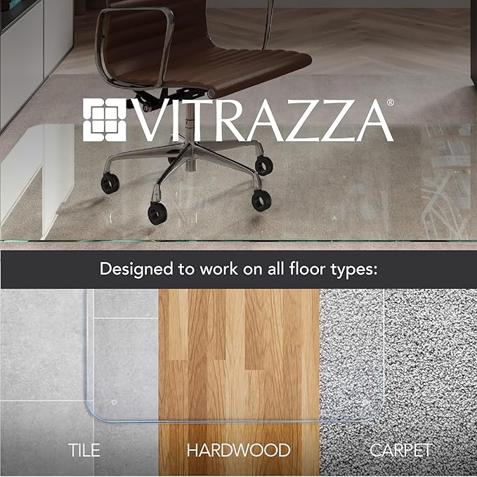 Vitrazza Glass Chair Mat 45” x 53” Superior ¼ Thick, Chiaro Standard Clear, Certified Tempered Safety Glass, Delivers a Smooth Glide, Protects Carpet or Wood, Beautiful in Home or Office