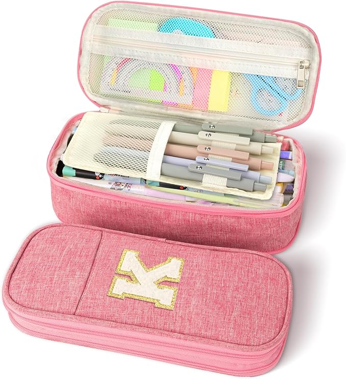 Large Capacity Pink Pencil Case, Cute Pencil Case Pencil Pouch with Zipper For Girls Women, Expandable Preppy Pencil Bag Large Storage High Capacity Bag Organizer for School Home Office Supplies, K