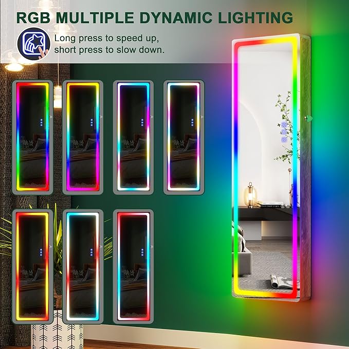 HNEBC LED Mirror Jewelry Cabinet with RGB Lights,47.2" Wall Mounted Jewelry Organizer with Full-Length Mirror,Over The Door Hanging Jewelry Armoire Storage Cabinet,Folding Dresser,2 Drawers,Lockable