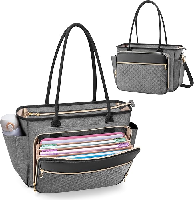 LUXJA Teacher Tote Bag with Accordion File Pocket, Teacher Bag for Women with 15.6 Inch Laptop Compartment, Gray
