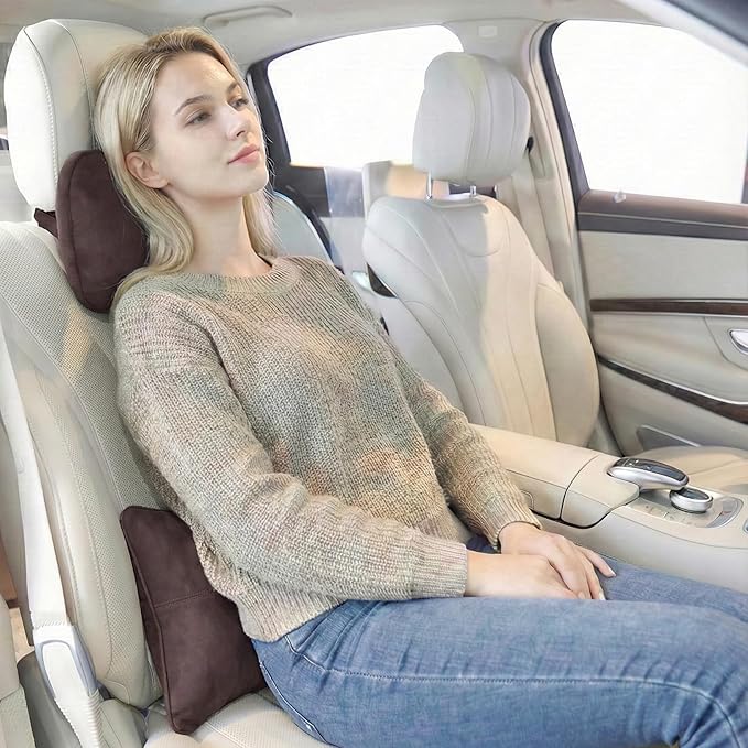 2PCS Car Pillow for Car Neck Pillow for Driving Seat Lumbar Support Soft Cushion with Extra Filling Accessories Back Support for Travel Nap and Trips Sleeping (Coffee, Head and Lumbar)