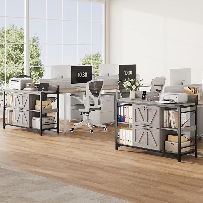 44" File Cabinet, Lateral Filing Cabinet for Home Office with 2 Drawers, Office Storage Cabinet with Lock and Key, Wooden Printer Stand with 4 Storage Shelves and Power Outlets