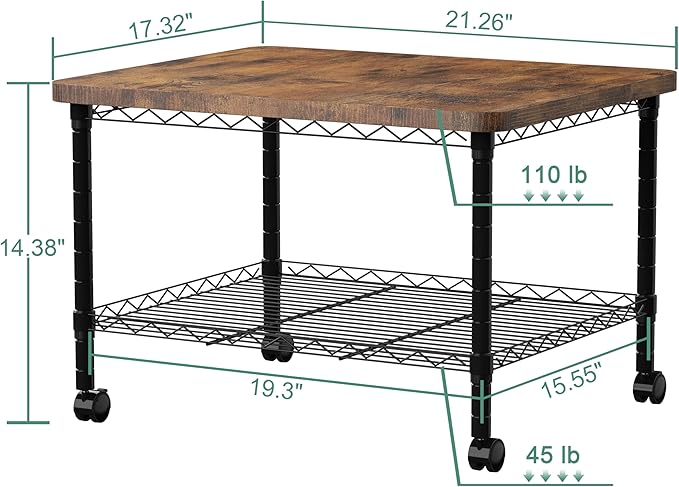 Printer Stand, Under Desk Table, Adjustable Heights 2 Tier Table with Wheels, Industrial Under Desk Heavy-Duty Mobile Cart, Shelf for Small Spaces, Home Office, Rustic Brown