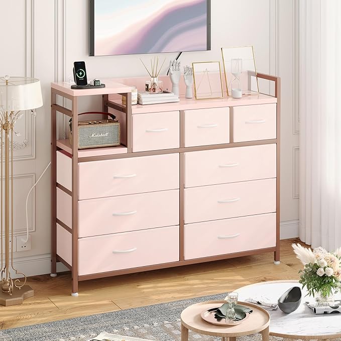 Jojoka 9 Drawer Dresser TV Stand with Charging Station,Modern Entertainment Center for Living Room & Bedroom with Power Outlets, Open Storage Shelves, Pink