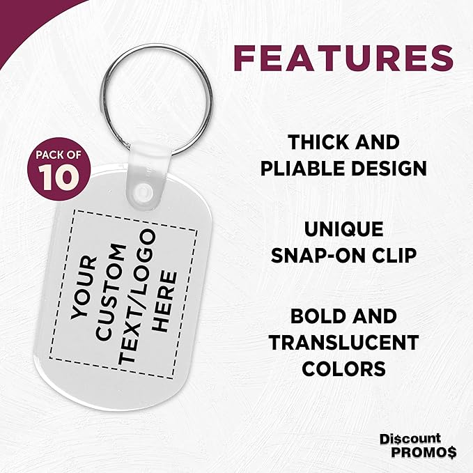 DISCOUNT PROMOS Tag Soft Plastic Keychains - 10 pack - Customizable Text, Logo - Small Key Tag Chain For Staying Organized - Rubber Key Ring Keychain – White