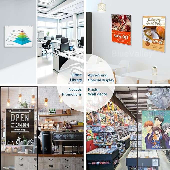 BlueValley 3 Pack Acrylic Sign Holder 8.5x11 Wall Mount Portrait – Clear Menu, Flyer & Picture Frame with Screws & Adhesive Tape, Wall Mounted Document Display for Office, School, Restaurant, Hotel, Public Space