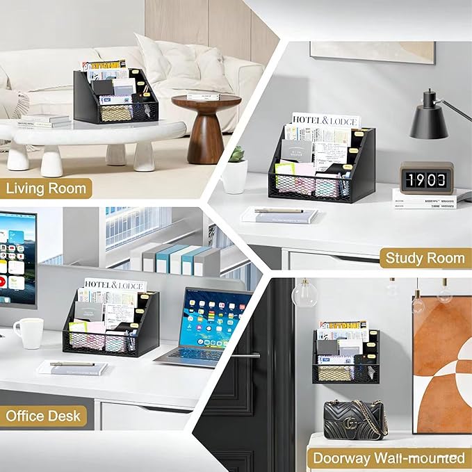 Mail Organizer Countertop,Wooden Mail Holder,4 Slot Letter Holder for Desktop,Vintage Desk Orgaizer for Fill,Bill (Black)