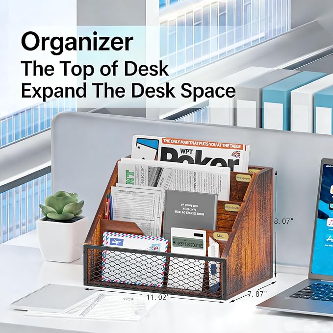 Mail Organizer Countertop,Wooden Mail Holder,4 Slot Letter Holder for Desktop,Vintage Desk Orgaizer for Fill,Bill (Brown)