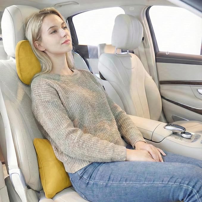 2PCS Car Pillow for Car Neck Pillow for Driving Seat Lumbar Support Soft Cushion with Extra Filling Accessories Back Support for Travel Nap and Trips Sleeping (Golden, Head and Lumbar)