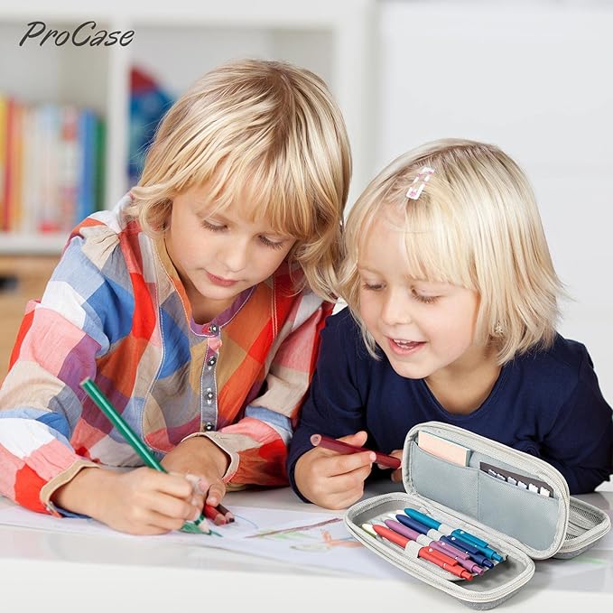 ProCase Pen Pencil Case, 2-Layer EVA Zipper Pencil Box Pouch Large Capacity Stationery Storage Organizer for School Office Supplies -Grey