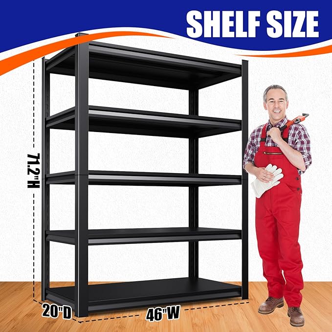 71" H-46 W Garage Shelving, 5-Tier Heavy Duty Storage Shelves, Adjustable Metal Shelving Unit, Utility Garage Organizer Shelf for Basement, Pantry, Warehouse, 20" D x 46" W x 71.2" H, Black