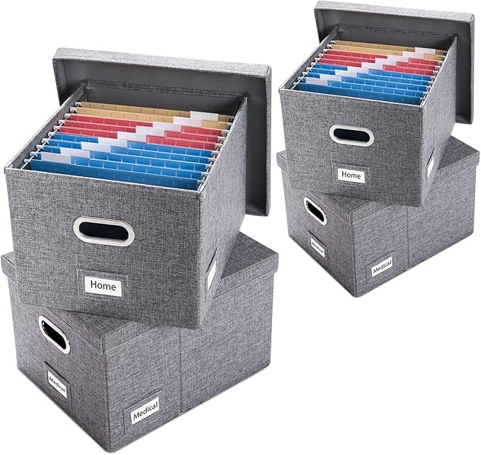 PRANDOM File Organizer Box - Set of 4 Collapsible Decorative Linen Filing Storage Hanging File Folders with Lids Office Cabinet Letter/Legal Size Grey 17.1x14x11.1 inch
