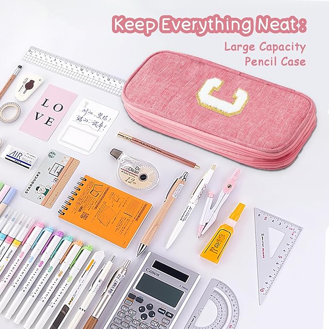 Large Capacity Pink Pencil Case, Cute Pencil Case Pencil Pouch with Zipper For Girls Women, Expandable Preppy Pencil Bag Large Storage High Capacity Bag Organizer for School Home Office Supplies, C