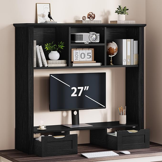 Desktop Bookshelf with Computer Monitor Stand, 37.4''W Desk Shelf Display Rack, Desktop Organizer Storage Rack with 4 Cubbies and 2 Drawers, 5-Tier Desk Hutch for Home, Office, Dorm, Vanity