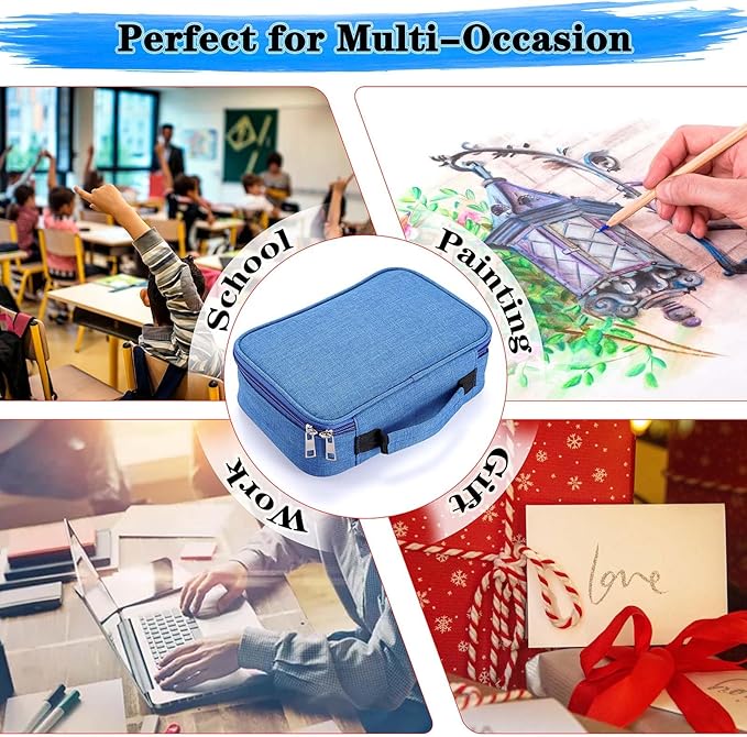 BTSKY® High Capacity Zipper Pens Pencil Case- Multi-Functional Stationery Pencil Pouch 72 Slots Colored Pencil Case Portable Pencil Bags With 2 Removable Sleeves(Blue)