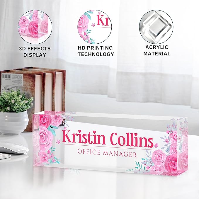 Custom Name Plate for Desk, Personalized Desk Name Plate on Clear Acrylic Glass, Appreciation Gifts for Teacher Employee Boss Coworkers Nurse, Office Desk Accessories for Women Men (Rose)