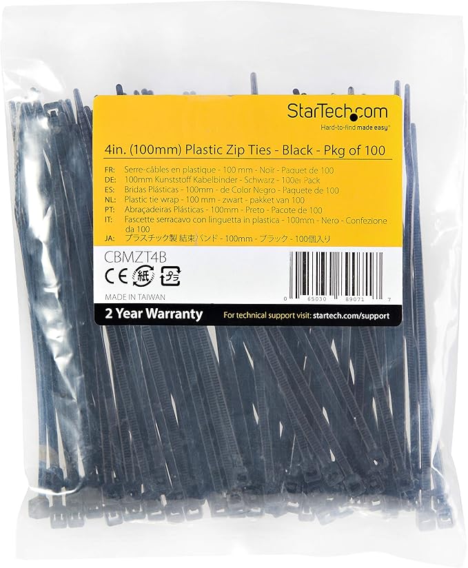 StarTech.com 4"(10cm) Cable Ties - 1/16"(2mm) Wide, 7/8"(22mm) Bundle Diameter, 18lb(8kg) Tensile Strength, Nylon Self Locking Zip Ties with Curved Tip - 94V-2/UL Listed, 100 Pack - Black, TAA