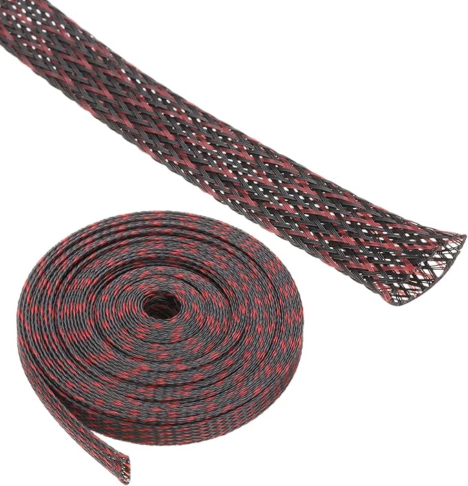25ft PET Expandable Wire Loom 3/8 Inch, PET Braided Wire Sleeving Cable Management Sleeve Tubing [for Audio Video Home Office Cord Protector]-Black, Red